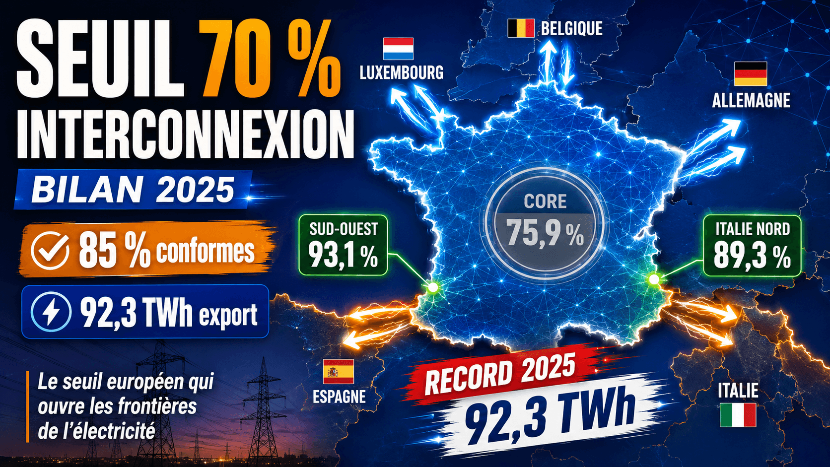 Image principale de l'article: Seuil 70 % Interconnexion Électricité : Bilan 2025 - Actualités Énergie JeSwitch