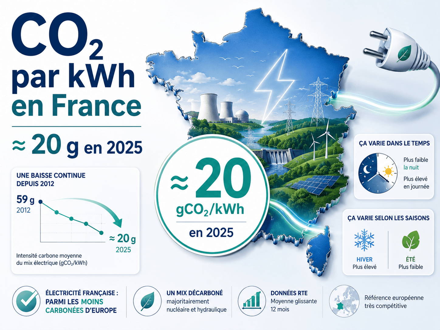 Image principale de l'article: Combien de CO₂ émet 1 kWh d'électricité en France ? - Actualités Énergie JeSwitch