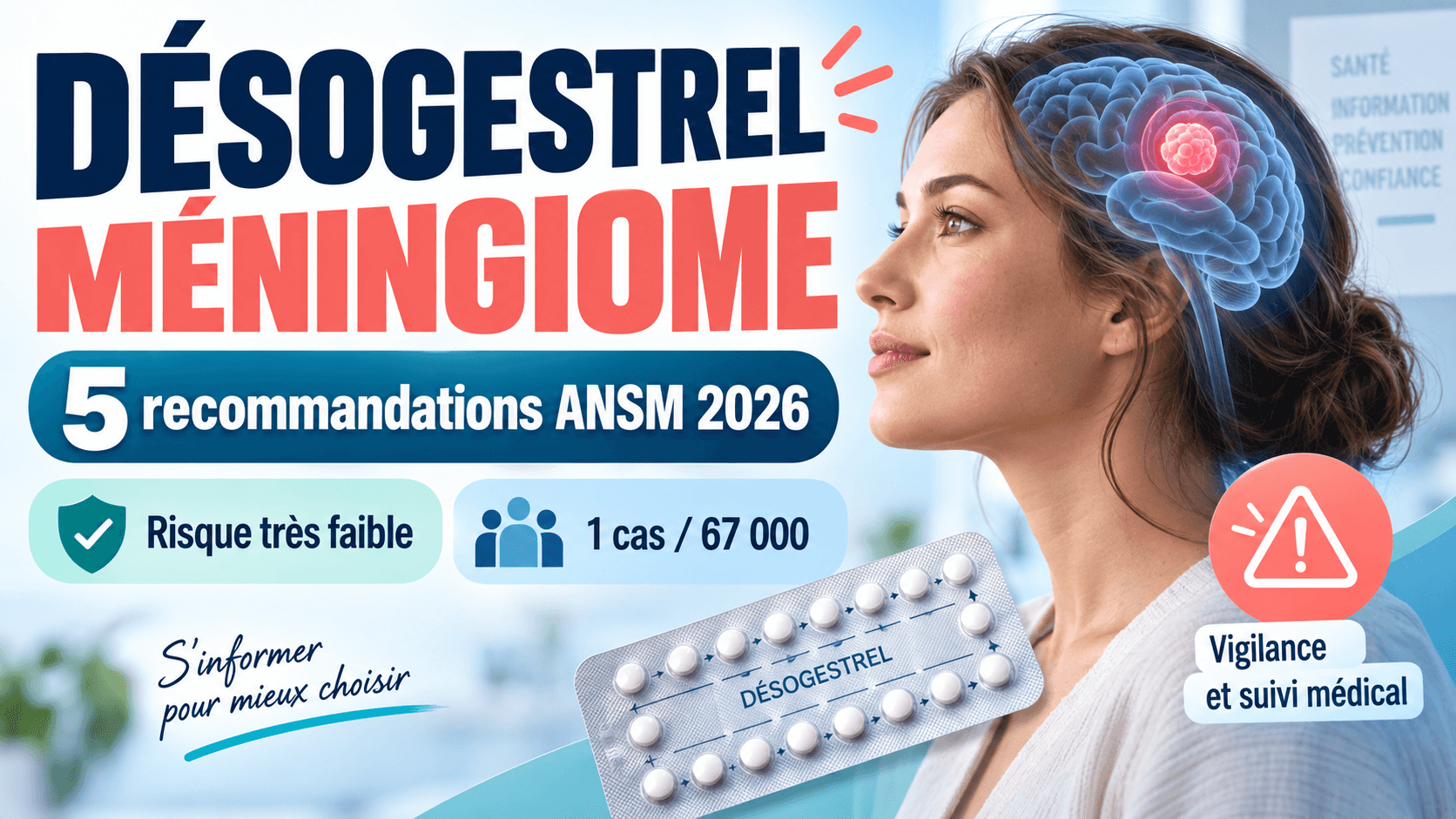 Image principale de l'article: Désogestrel et méningiome : 5 recommandations ANSM 2026 - Actualités Mutuelle Santé JeSwitch