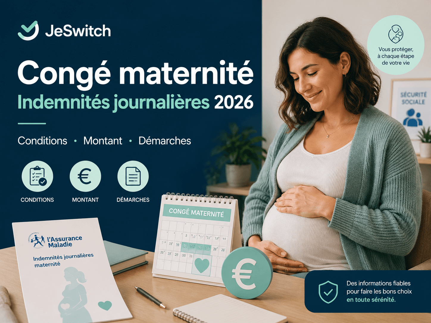 Image principale de l'article: Congé maternité : indemnités journalières 2026 - Actualités Mutuelle Santé JeSwitch