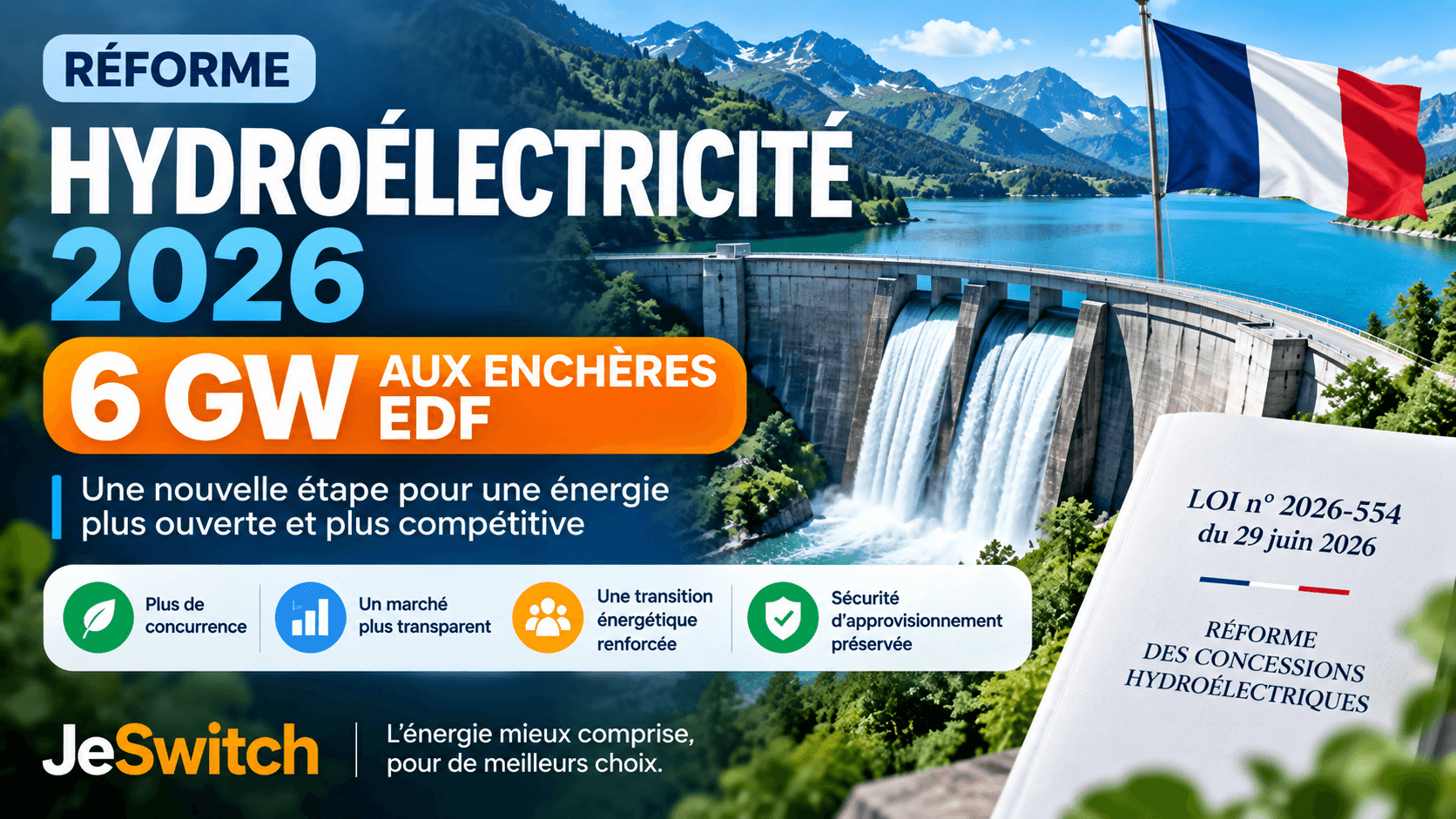 Image de l'article: Réforme Hydroélectricité 2026 : 6 GW aux Enchères EDF - Actualités énergie JeSwitch