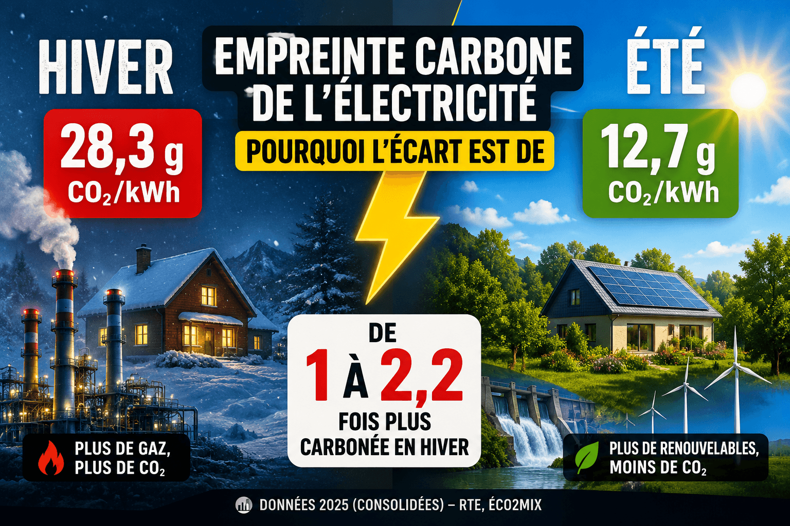Image de l'article: Empreinte carbone de l'électricité : pourquoi votre kWh d'hiver est plus carboné qu'en été - Actualités énergie JeSwitch