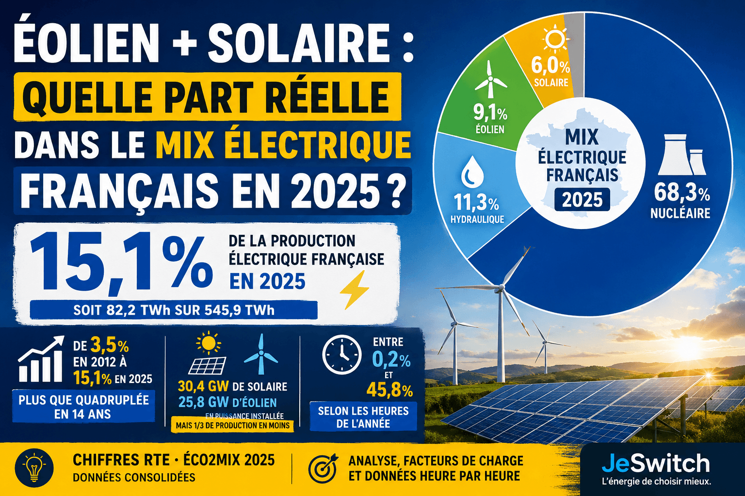 Image principale de l'article: Éolien + solaire : quelle part réelle dans le mix électrique français ? - Actualités Énergie JeSwitch
