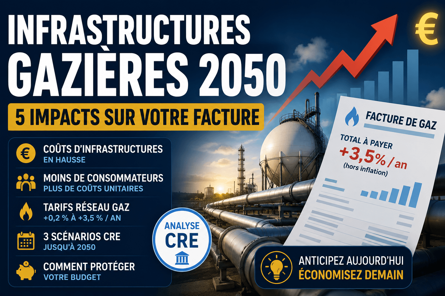 Image principale de l'article: Infrastructures Gazières 2050 : 5 Impacts sur Votre Facture | JeSwitch 2026 - Actualités Énergie JeSwitch