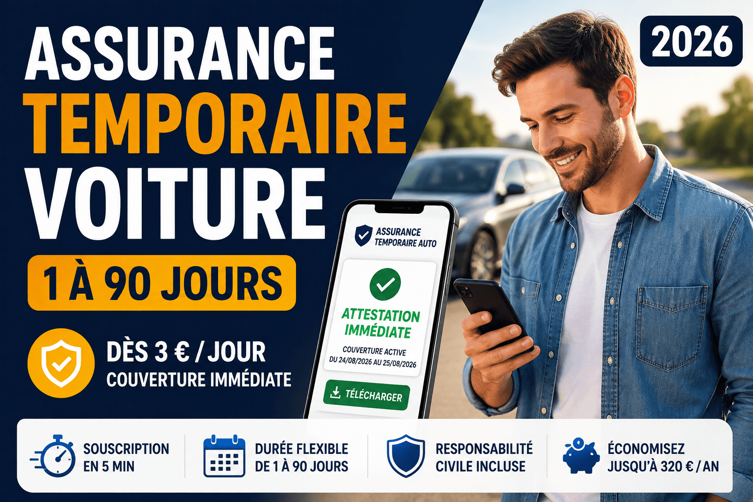 Image de l'article: Assurance Temporaire Voiture : 1 à 90 Jours | 2026 - Actualités assurance auto JeSwitch