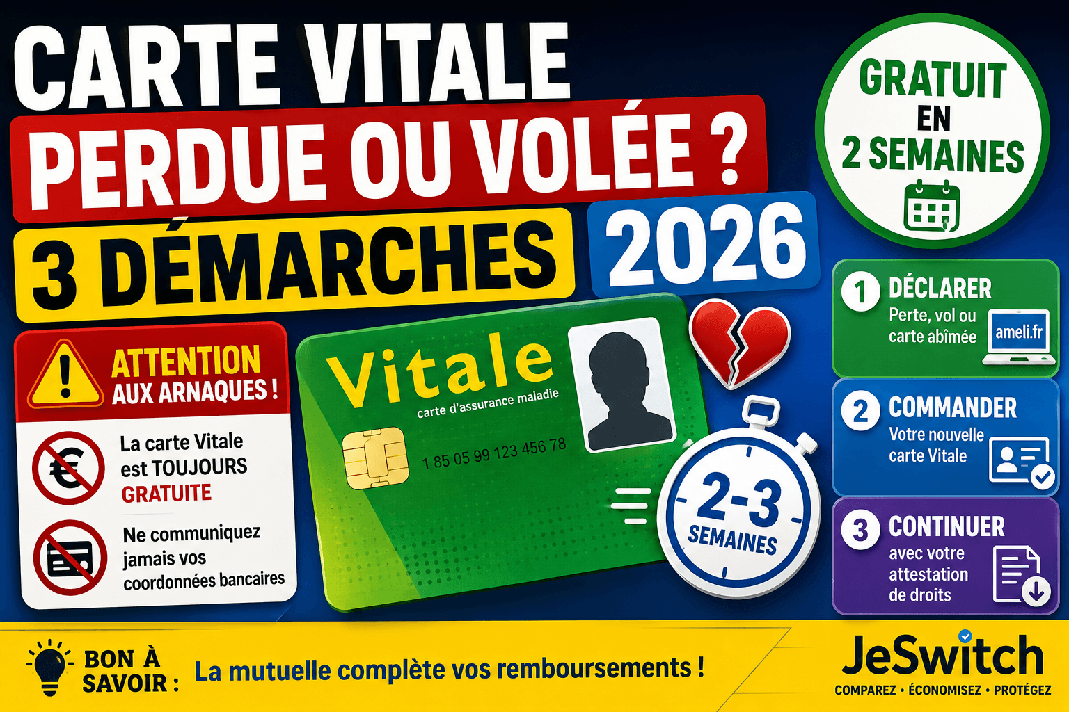 Image de l'article: Carte Vitale Perdue ou Volée : 3 Démarches 2026 - Actualités mutuelle santé JeSwitch