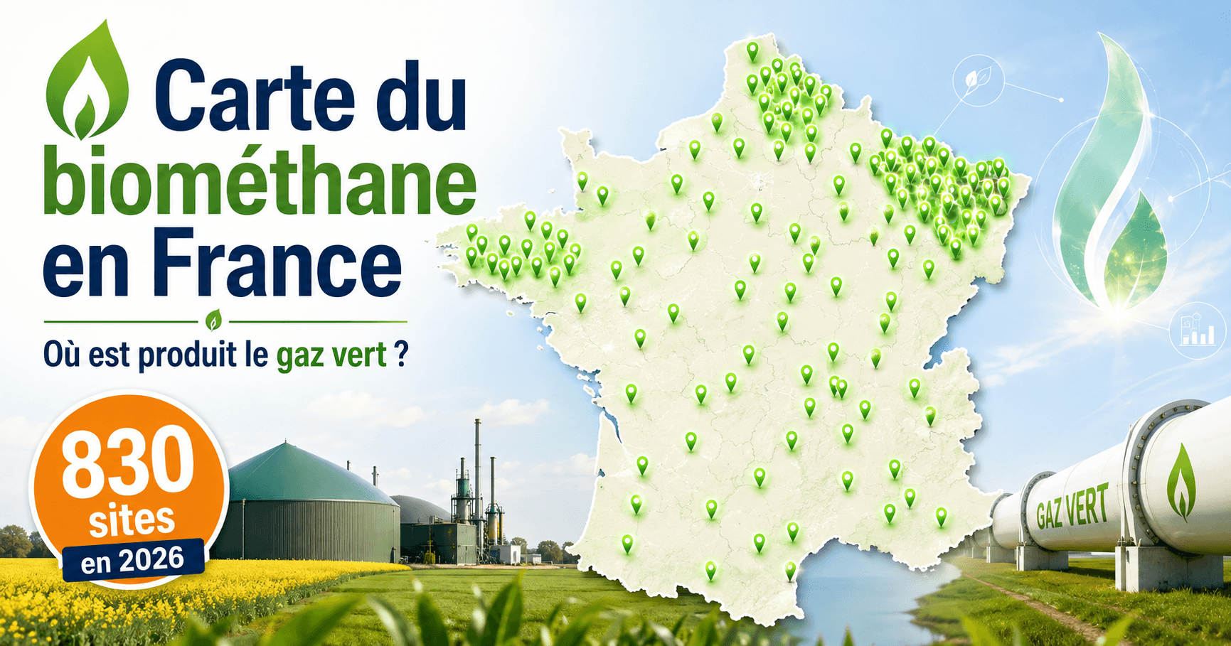 Image principale de l'article: Carte du biométhane en France : où est produit le gaz vert ? (830 sites, 2026) - Actualités Énergie JeSwitch