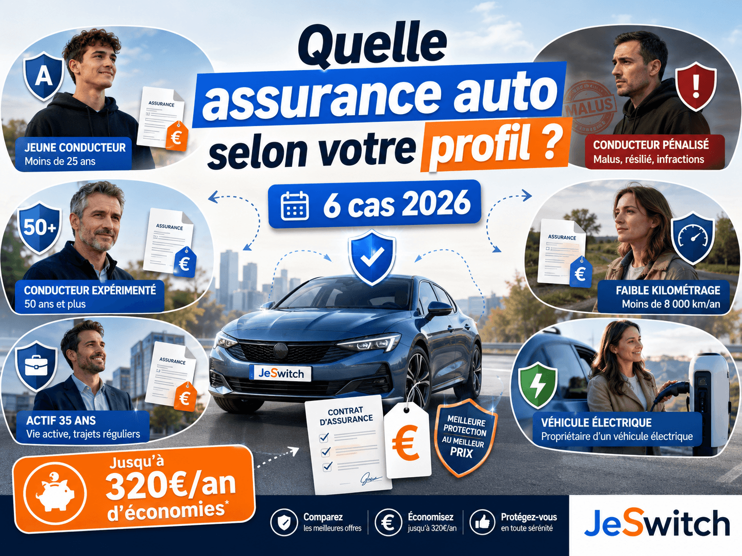 Image principale de l'article: Quelle Assurance Auto selon Votre Profil ? 6 Cas 2026 - Actualités Assurance Auto JeSwitch