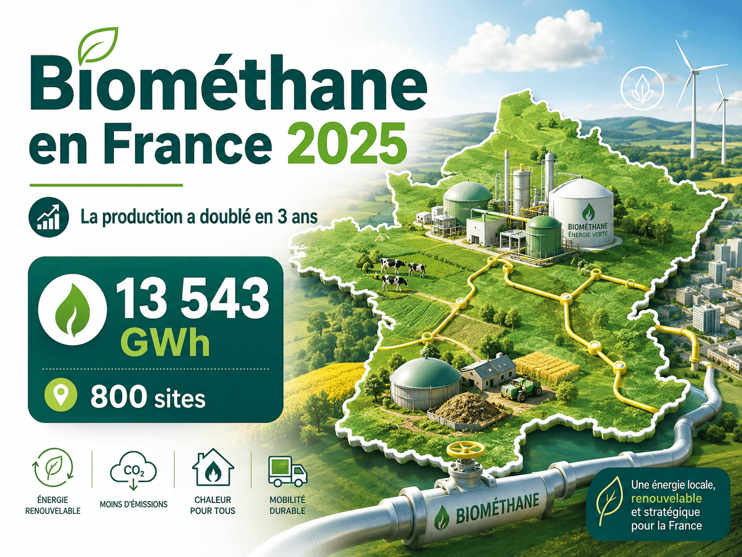 Image principale de l'article: Production de biométhane en France : la production a doublé en 3 ans (chiffres 2025) - Actualités Énergie JeSwitch