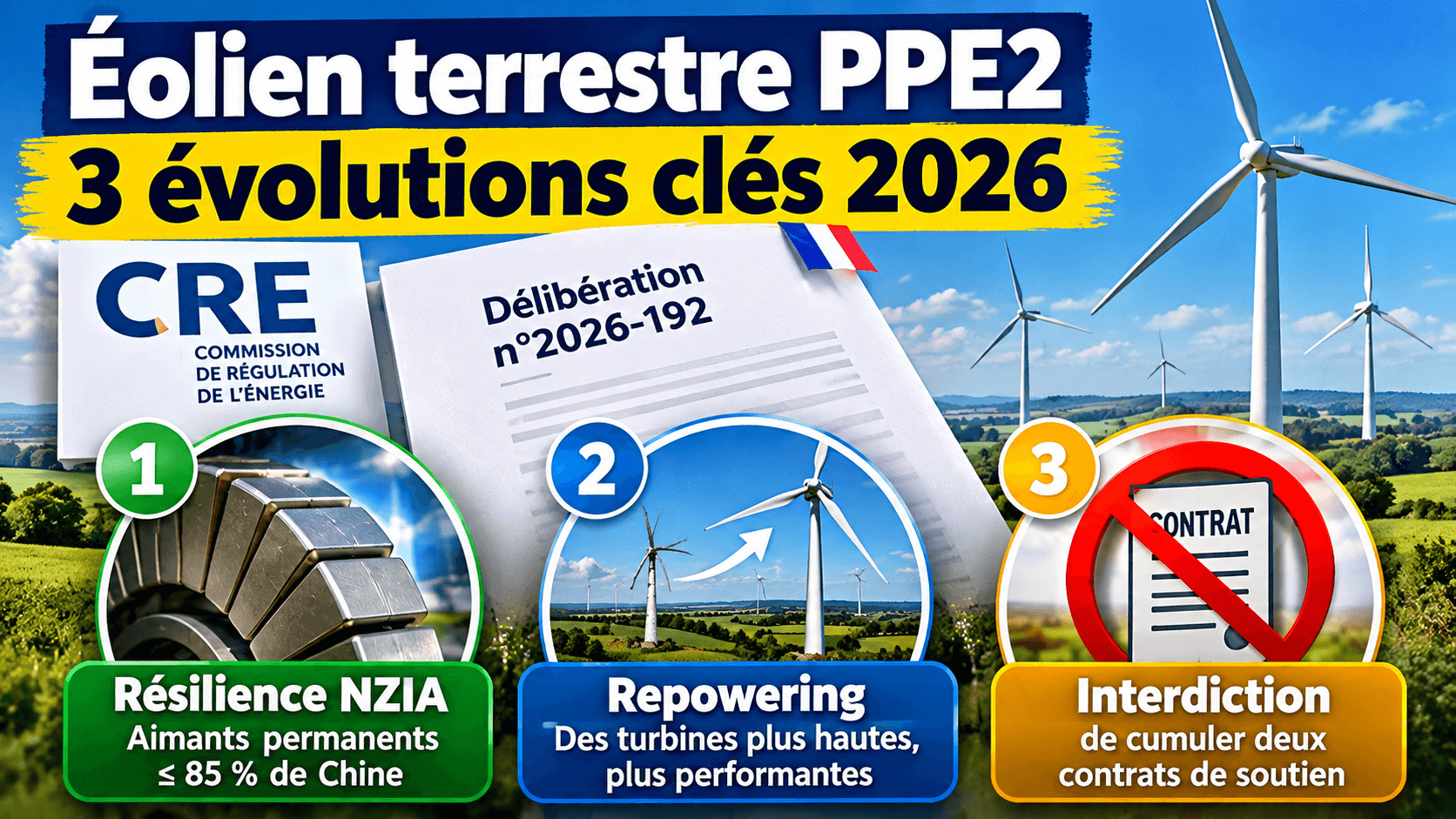 Image principale de l'article: Éolien terrestre PPE2 : 3 évolutions clés 2026 - Actualités Énergie JeSwitch