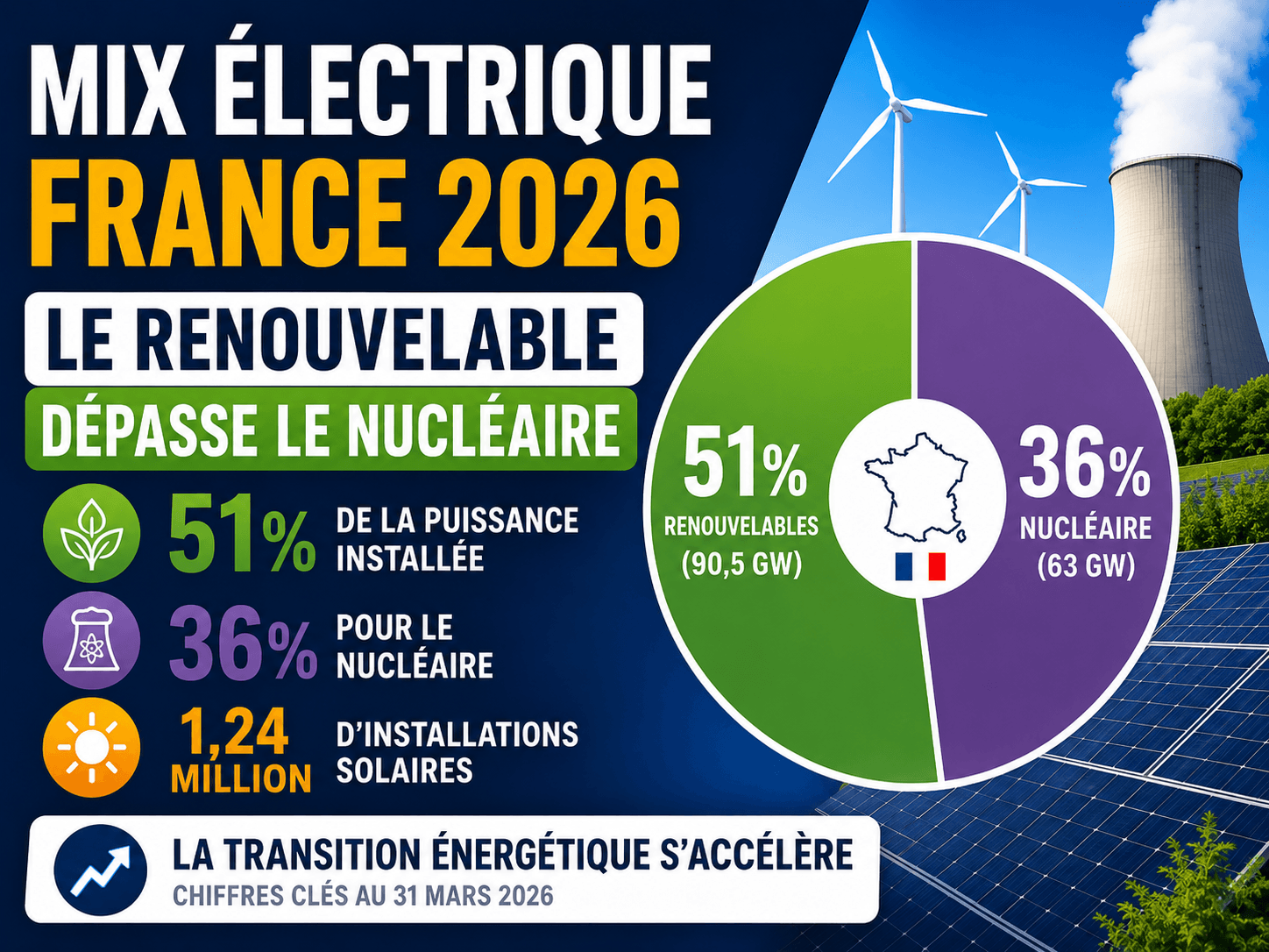 Image principale de l'article: Mix électrique France 2026 : le renouvelable dépasse le nucléaire - Actualités Énergie JeSwitch